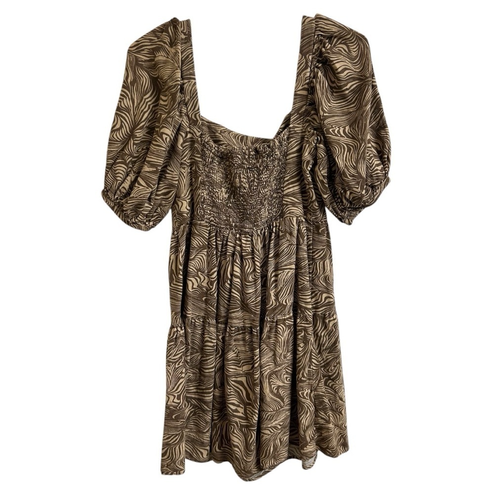 House of Harlow 1960 Linen Puff Sleeve Tiered Smocked Brown Mini Dress Size XS - Picture 2 of 8